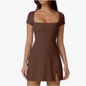 Brown Square Neck Short Sleeve Mini Dress A-Line Skater Boho Casual Chic